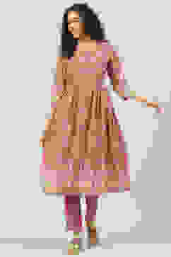 Dusky Pink Printed Cotton Gathered Suit Set image number 0