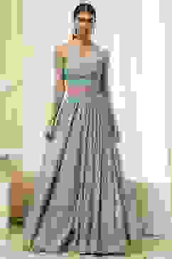 Turquoise Floral Butterfly Net Festive Anarkali Lehenga Set image number 7