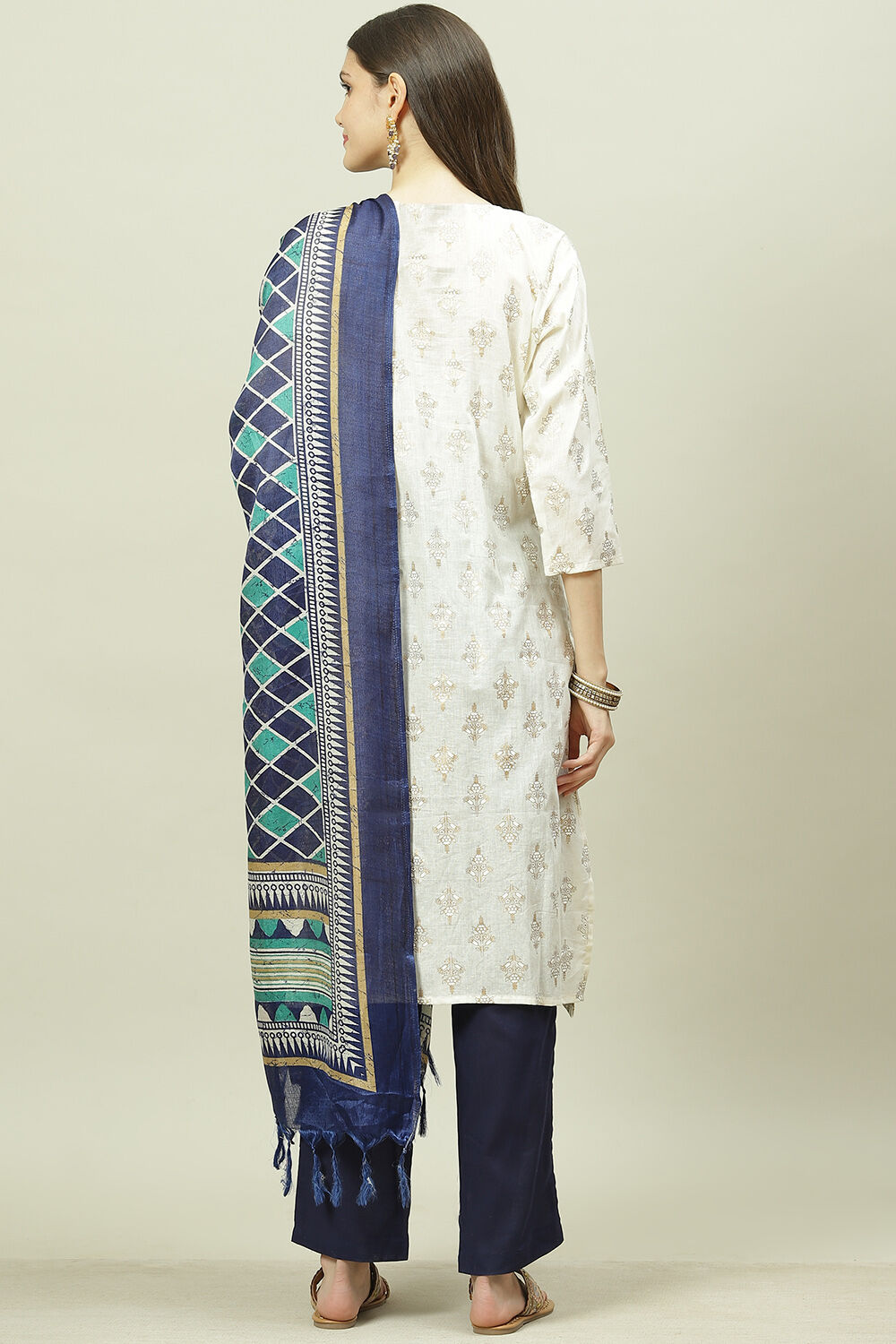 Blue Cotton Machine Embroidered Unstitched Suit Set image number 4