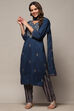 Blue Cotton Unstitched Suit set image number 1