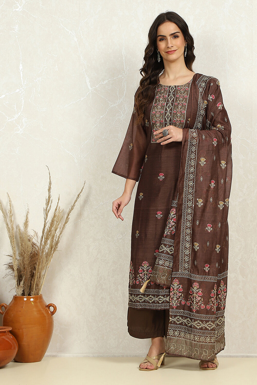 Coffee Brown Chanderi Katha Work Unstitched Suit Set image number 7