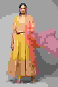 Yellow Cotton Blend Anarkali Kurta Churidar Suit Set image number 0