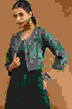 Emerald Green Silk Festive Tiered Anarkali Dress image number 1