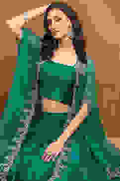 Green Silk Chanderi Festive Flared Lehenga Set image number 9