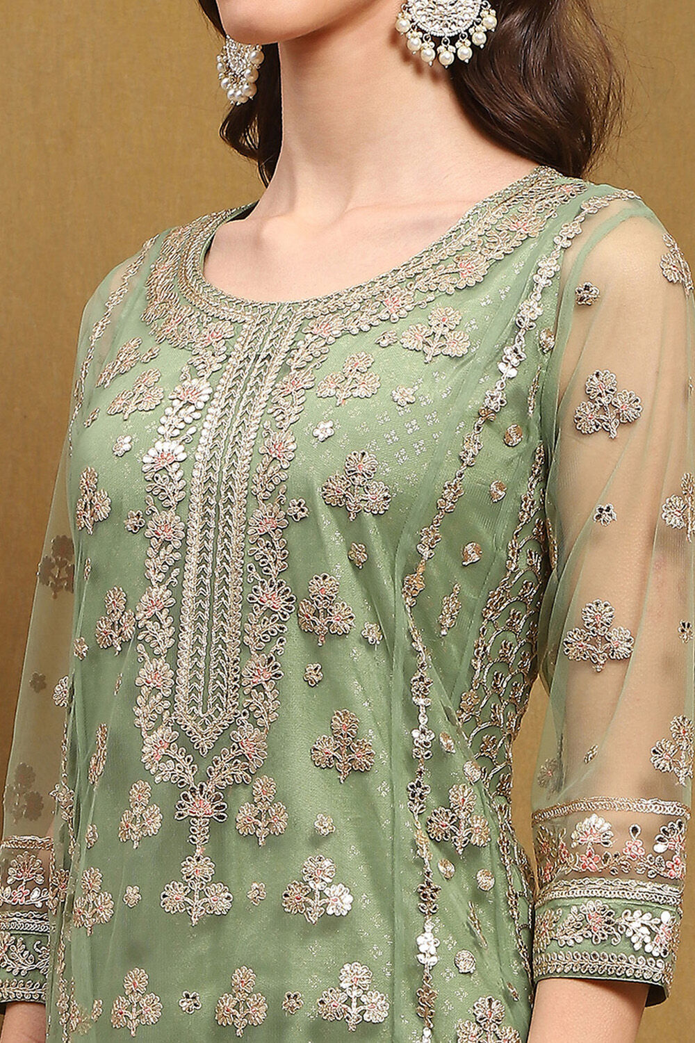 Green Net Embroidered Festive Kalidar Suit Set image number 1