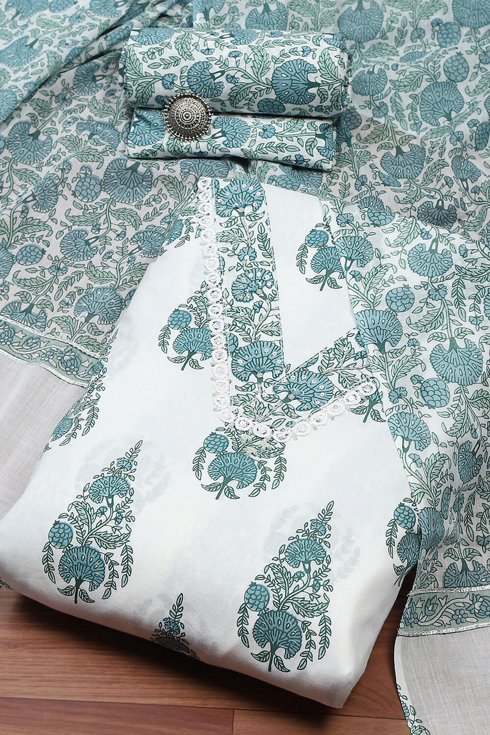 White Cotton Hand Block Print Unstitched Suit Set image number 0