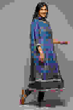 Indigo Cotton Anarkali Kurta Churidar Suit Set image number 6