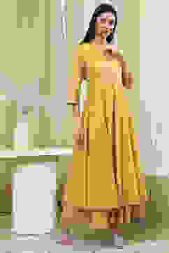 Lime Yellow Cotton Layered Anarkali Dress image number 4