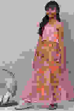 Peach Art Silk Girls Lehenga Set image number 3