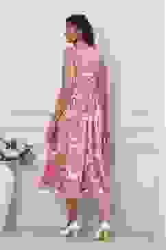 Pink Floral Printed Kalidar Flared Dress image number 3