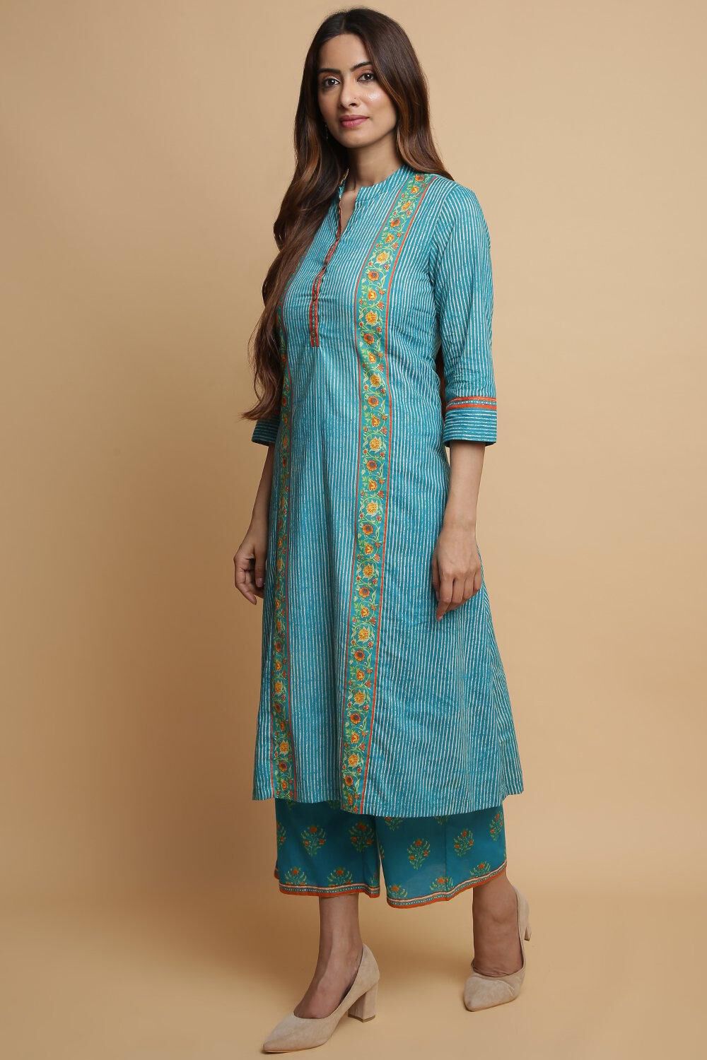 Teal Cotton A-Line Kurta Palazzo Suit Set image number 3