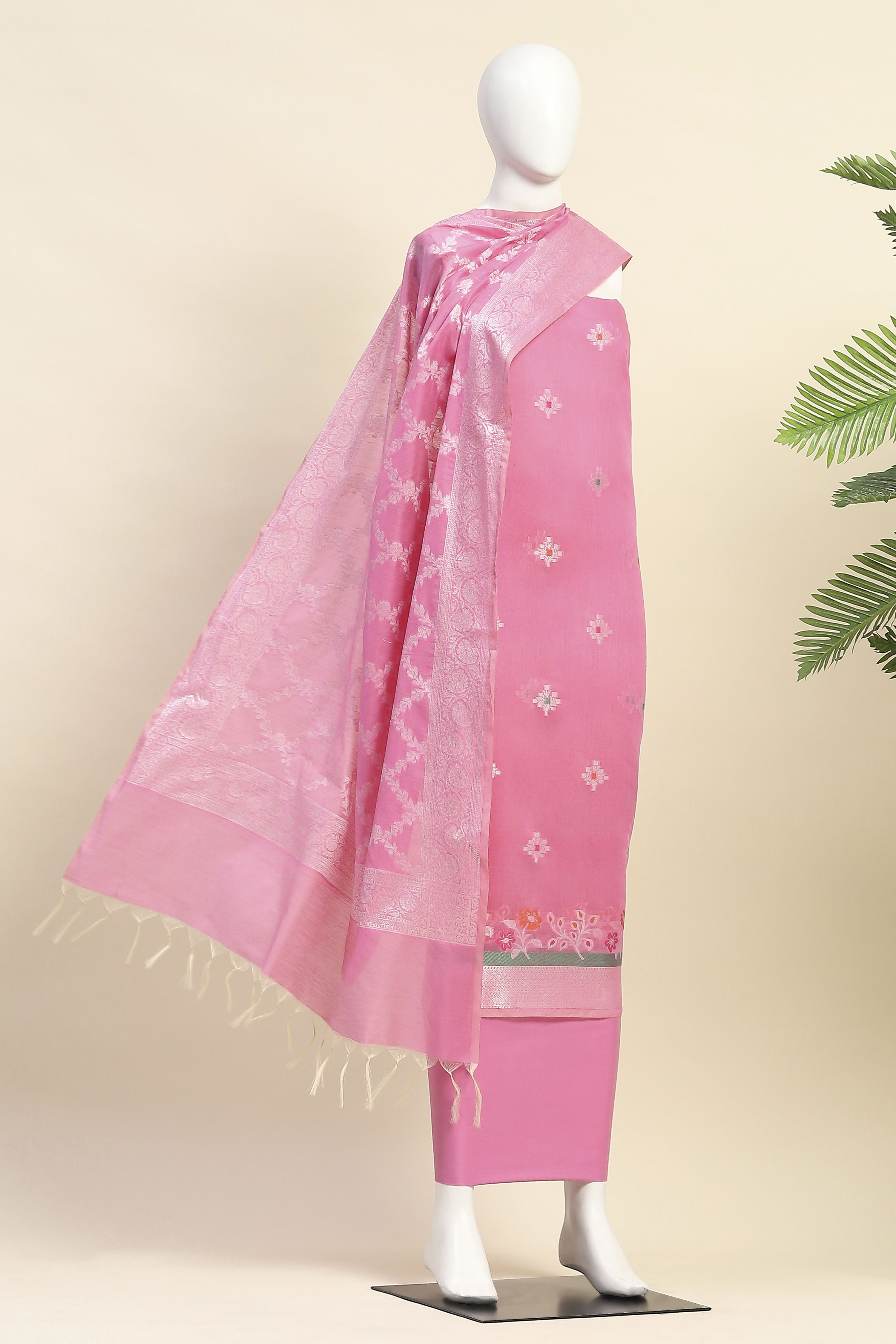 Pink Cotton Printed Embroidered Unstitched Suit Set image number 4
