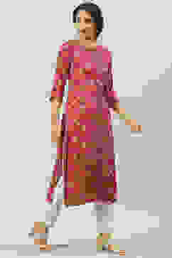 Pink Rayon Straight Printed Kurta image number 2