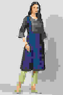 Navy Poly Metallic A-Line Yarndyed Kurta image number 2