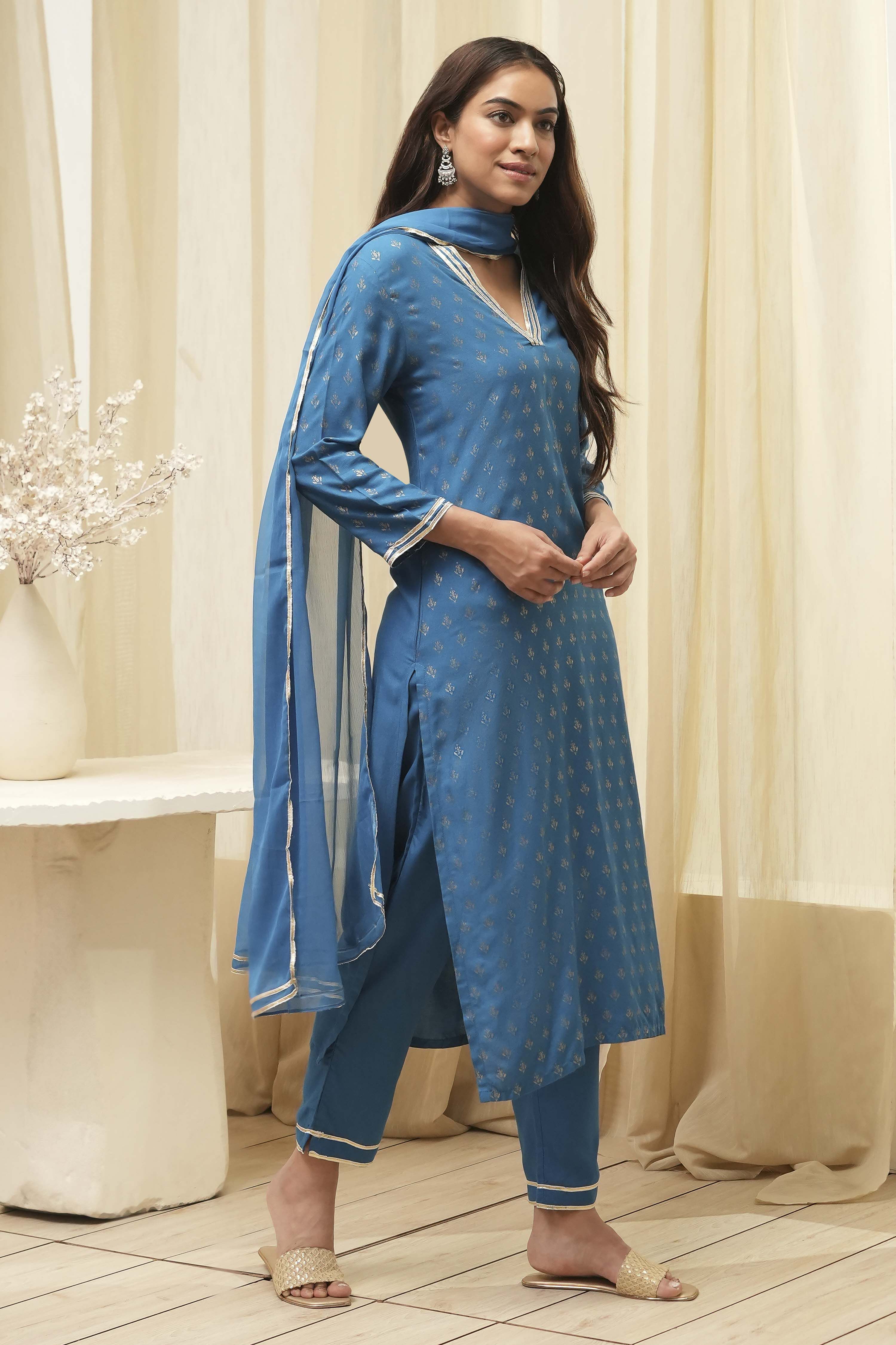Blue Rayon Straight Kurta Pant Suit Set image number 5