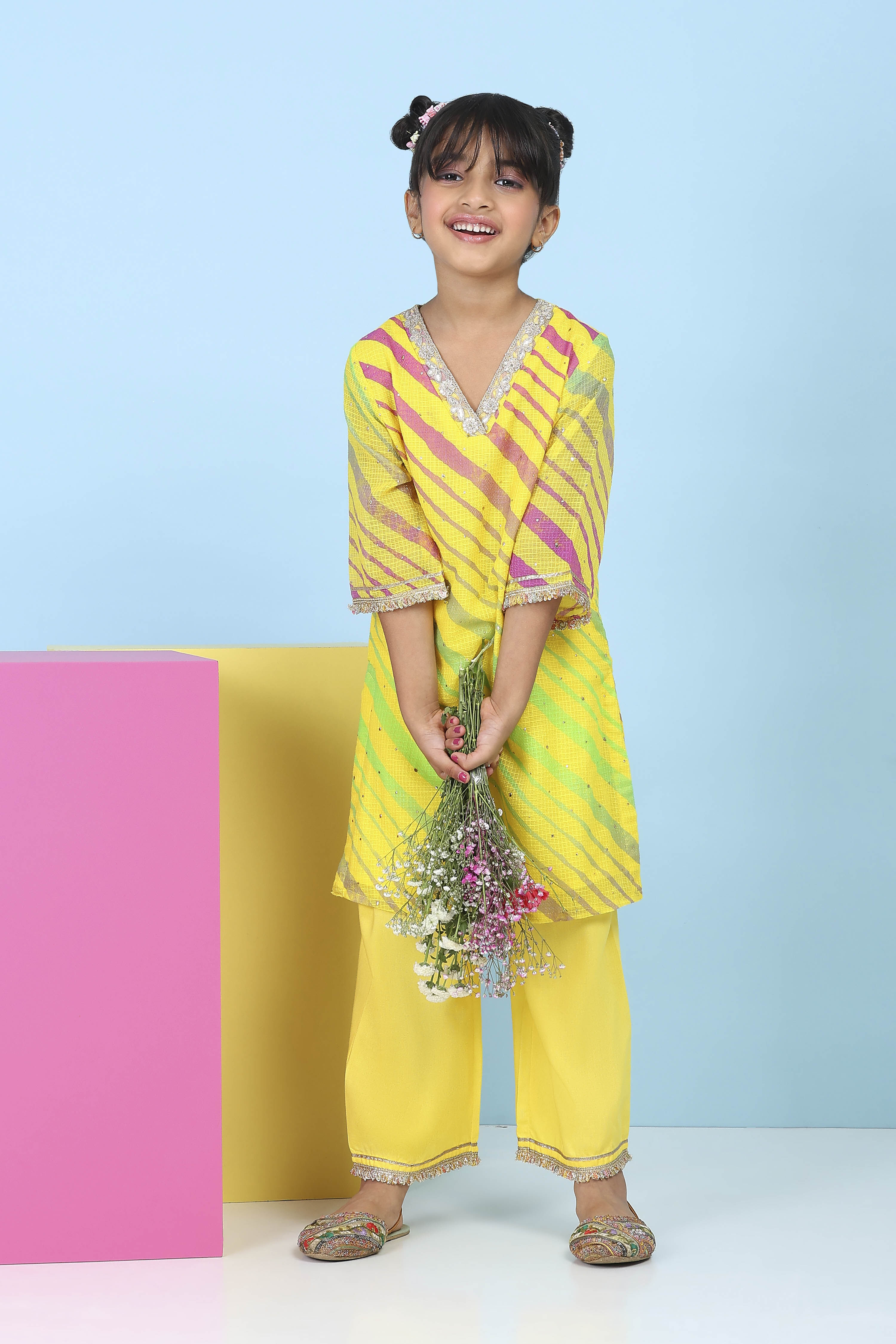 Yellow Cotton Striped Straight Suit Set image number 0