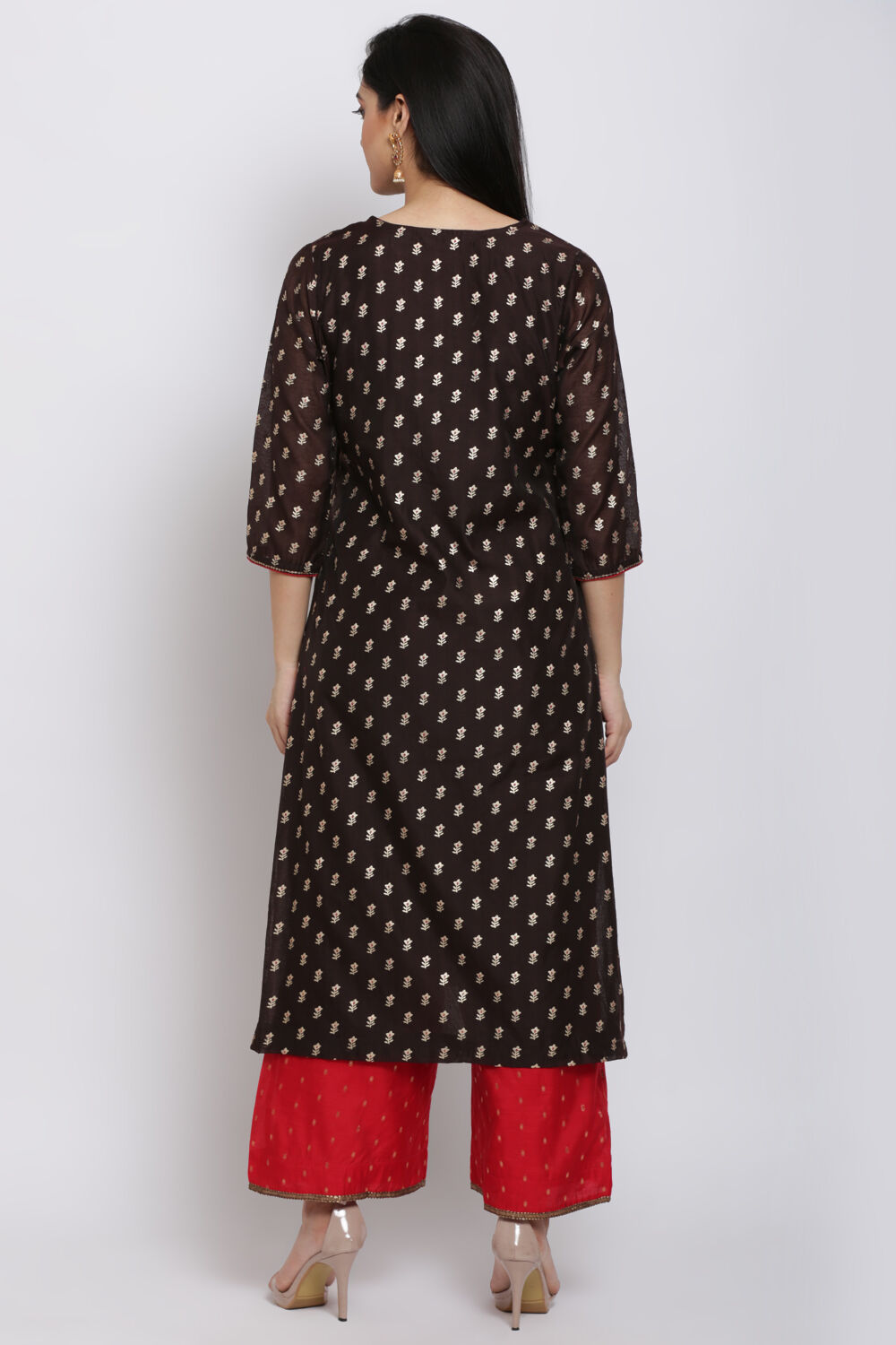 Brown And Red Art Silk Straight Kurta Palazzo Suit Set image number 4