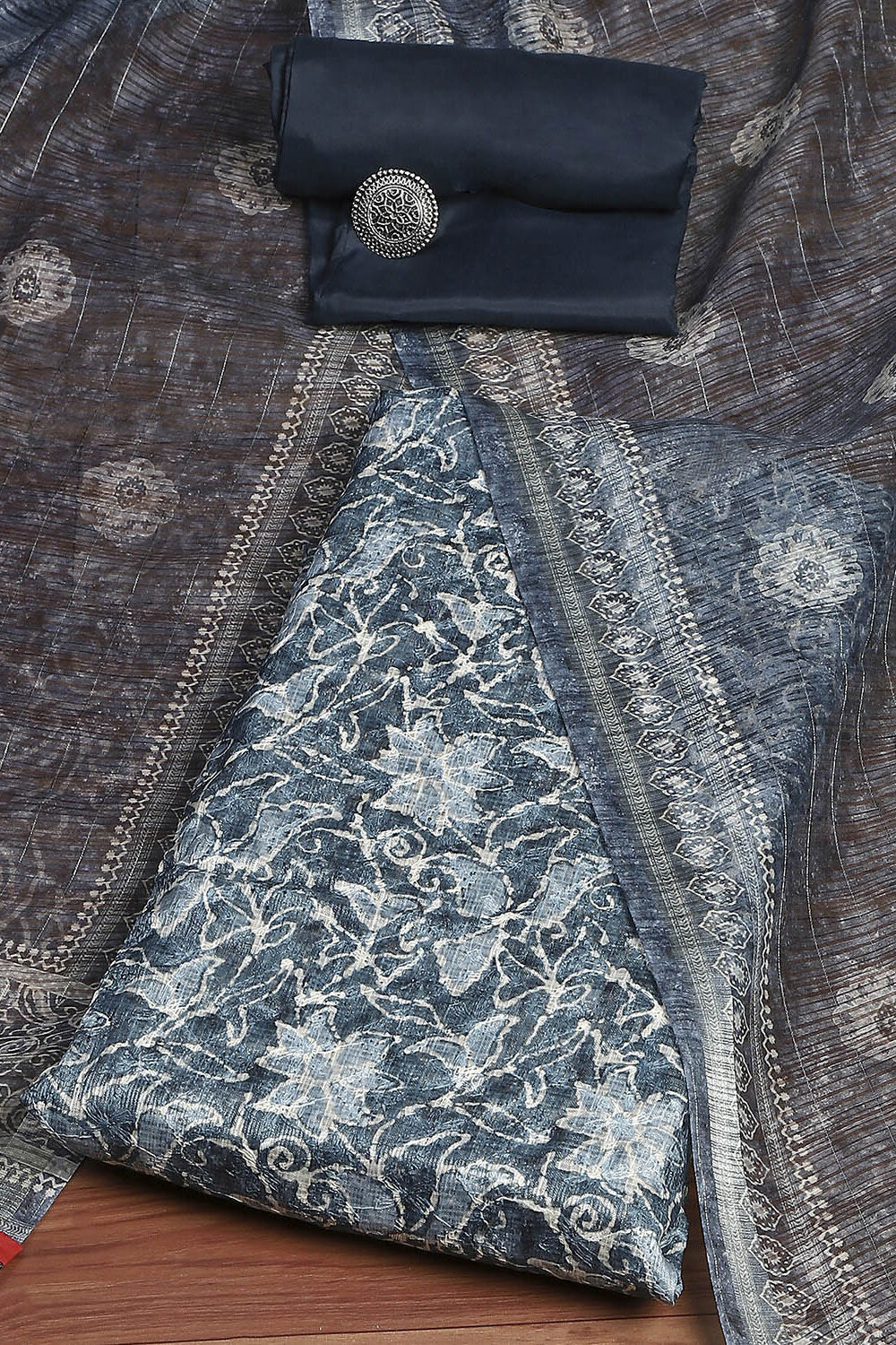 Blue Cotton Kota Floral Printed Unstitched Suit Set image number 0