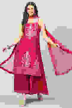 Magenta Cotton Blend Straight Printed Kurta Suit Set image number 0