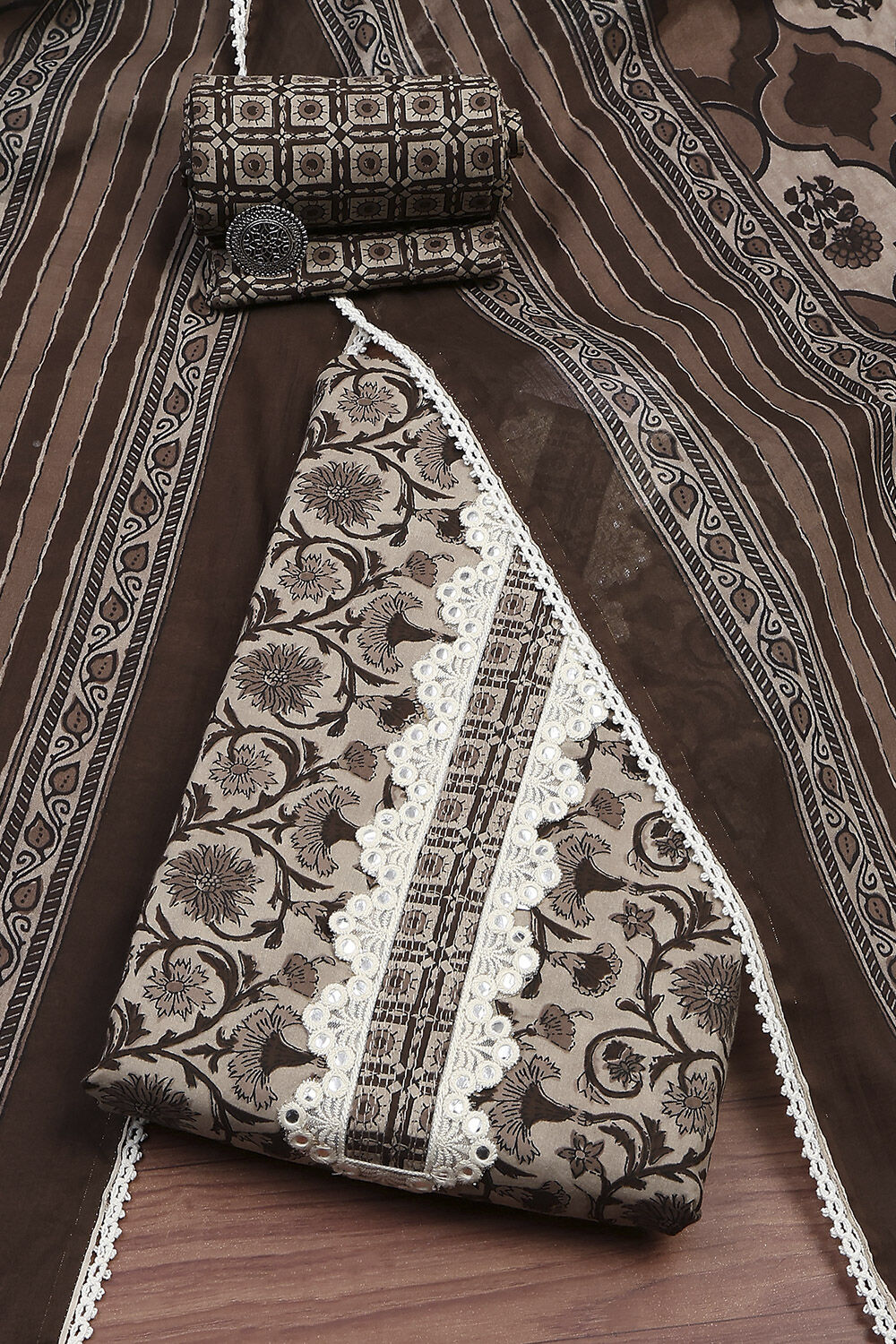 Brown Cotton Printed Embroidered Unstitched Suit Set image number 0