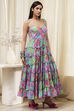 Turquoise Cotton Floral Printed Tiered Dress image number 4