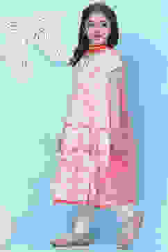 White And Pink Cotton Flared Kurta Churidar Suit Set image number 5