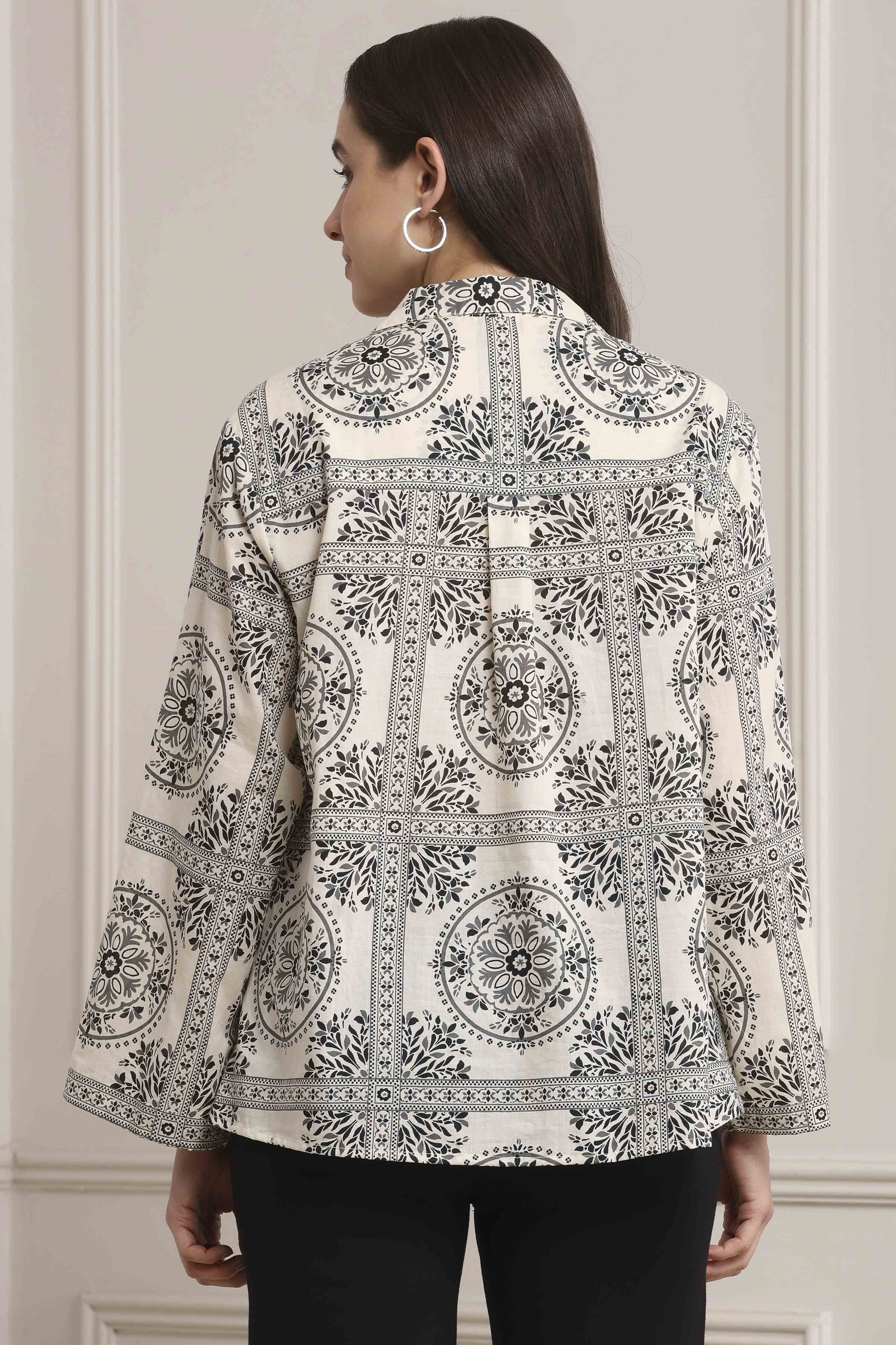 Off-White Cotton Printed Straight Shirt image number 3