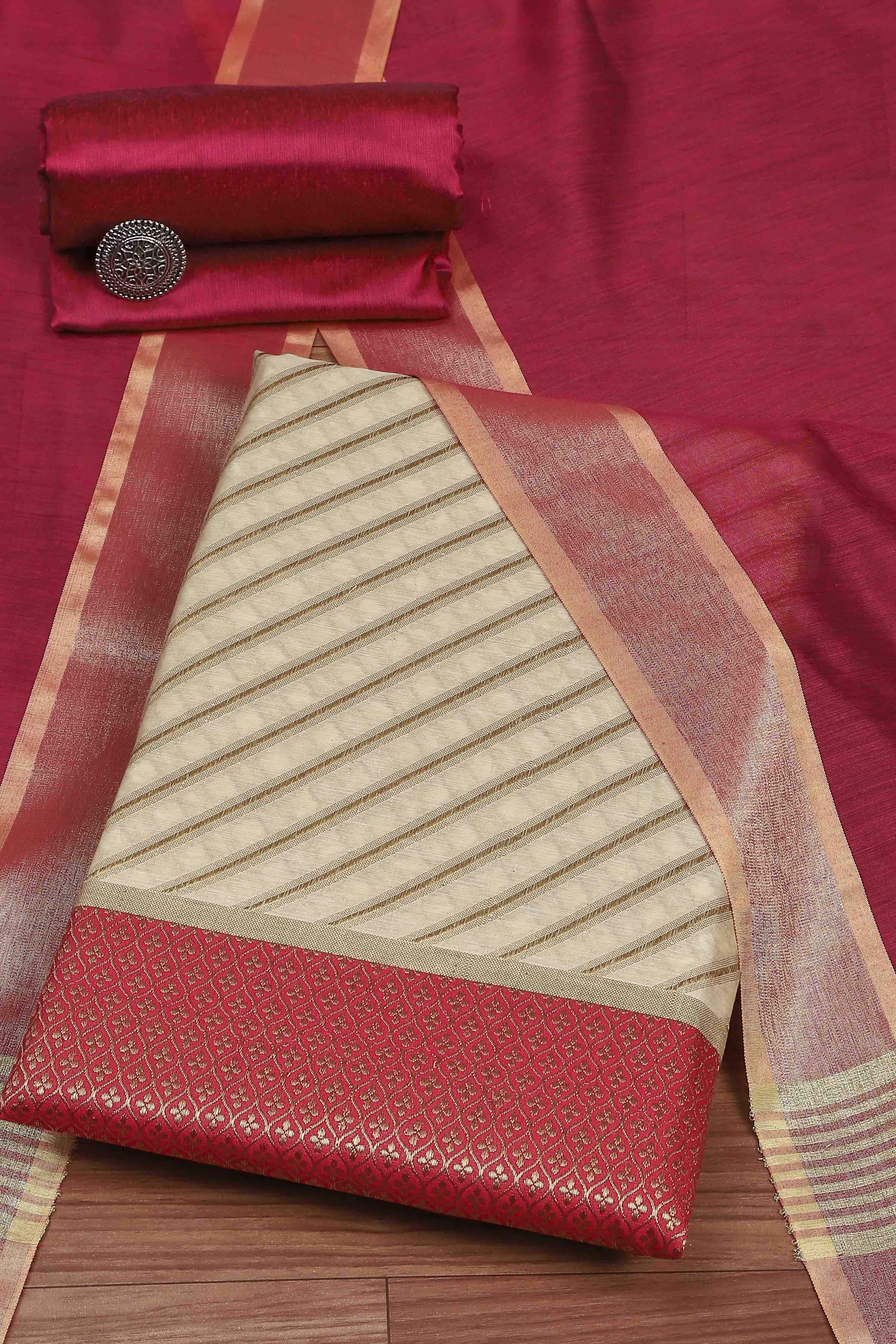 Rust Poly Silk Banarasi Unstitched Suit Set image number 0
