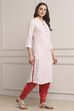 Off White Pink Viscose Rayon Straight Kurta Pants Set image number 5