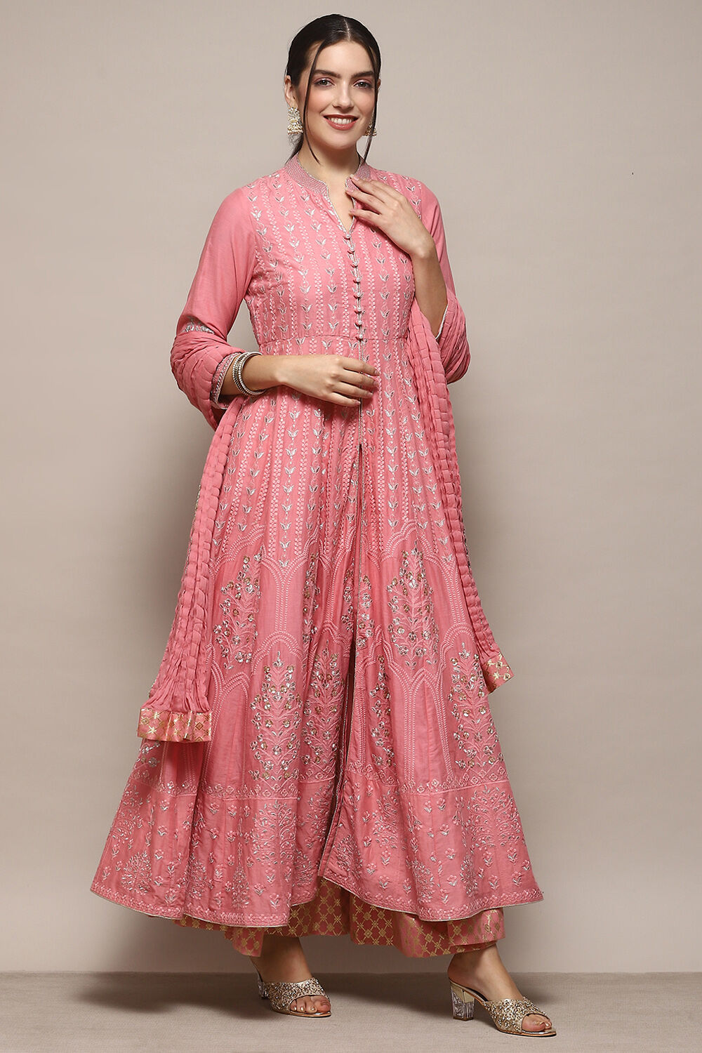 Aqua Blue Cotton Anarkali Kurta Lehenga Set image number 6