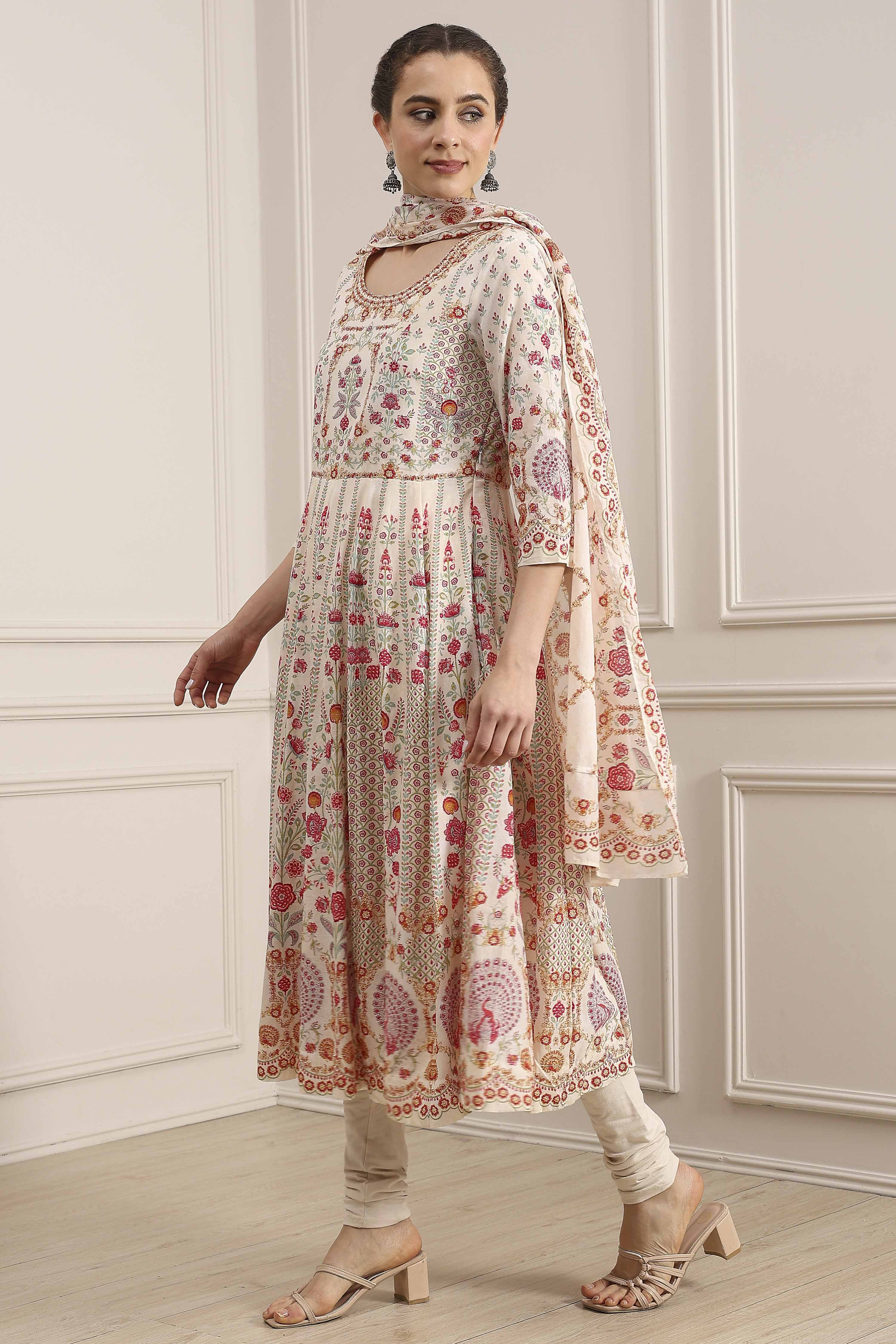 Off-White Cotton Printed Anarkali Suit Set image number 3