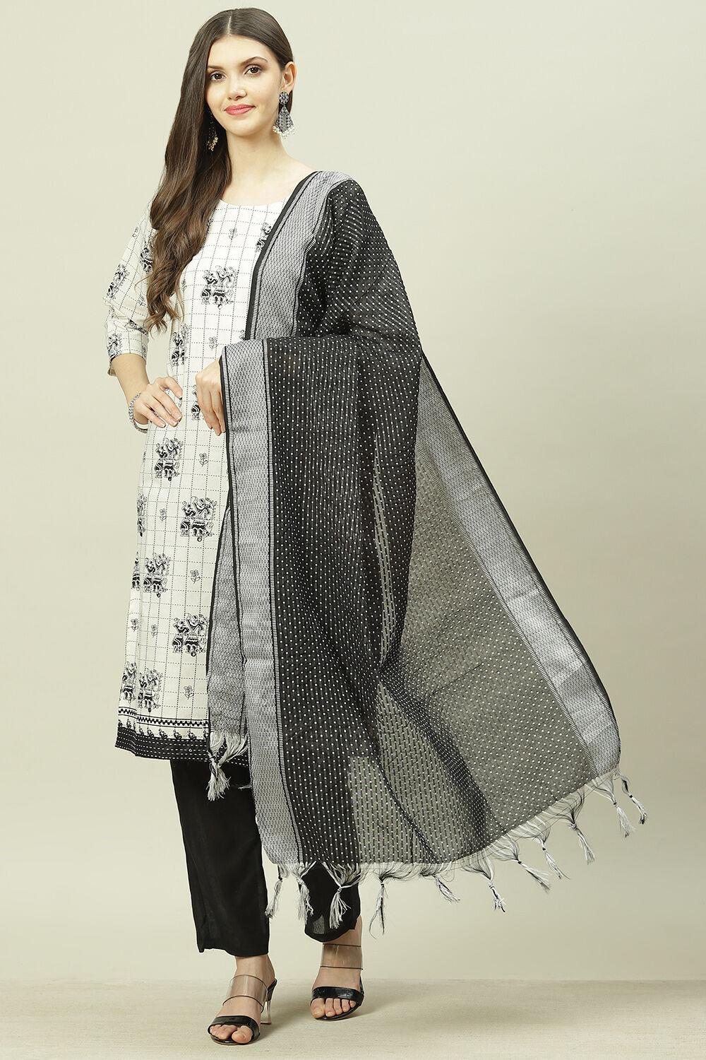 White Cotton Machine Embroidered Unstitched Suit Set image number 7