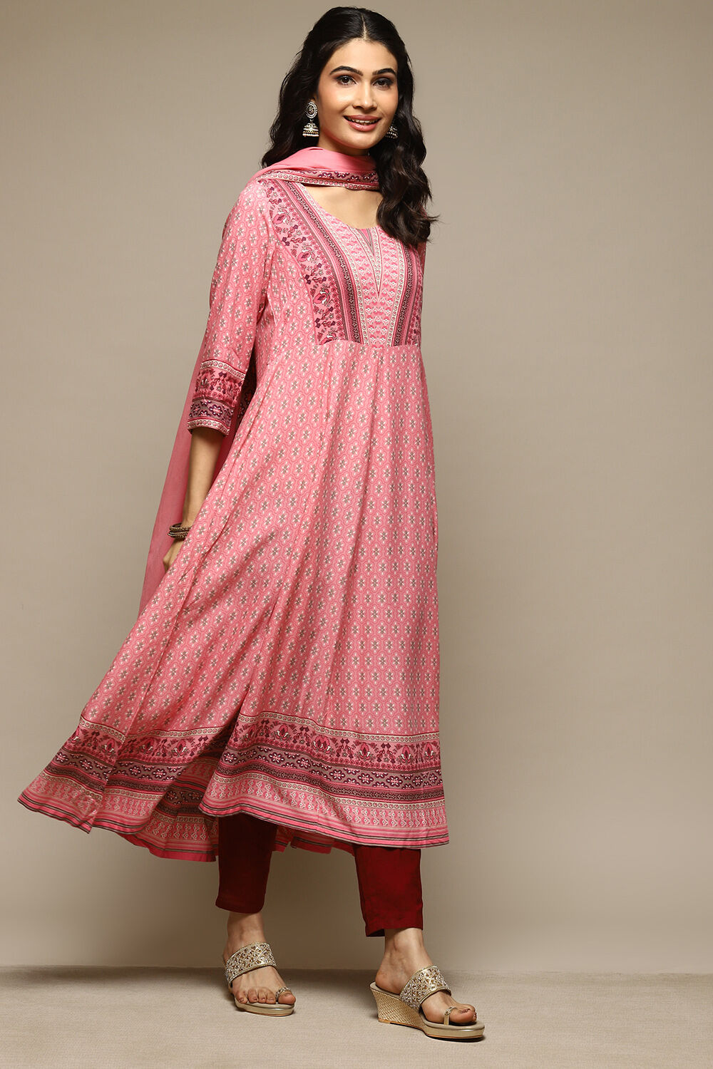 Pink Rayon Anarkali Kurta Churidar Suit Set image number 5
