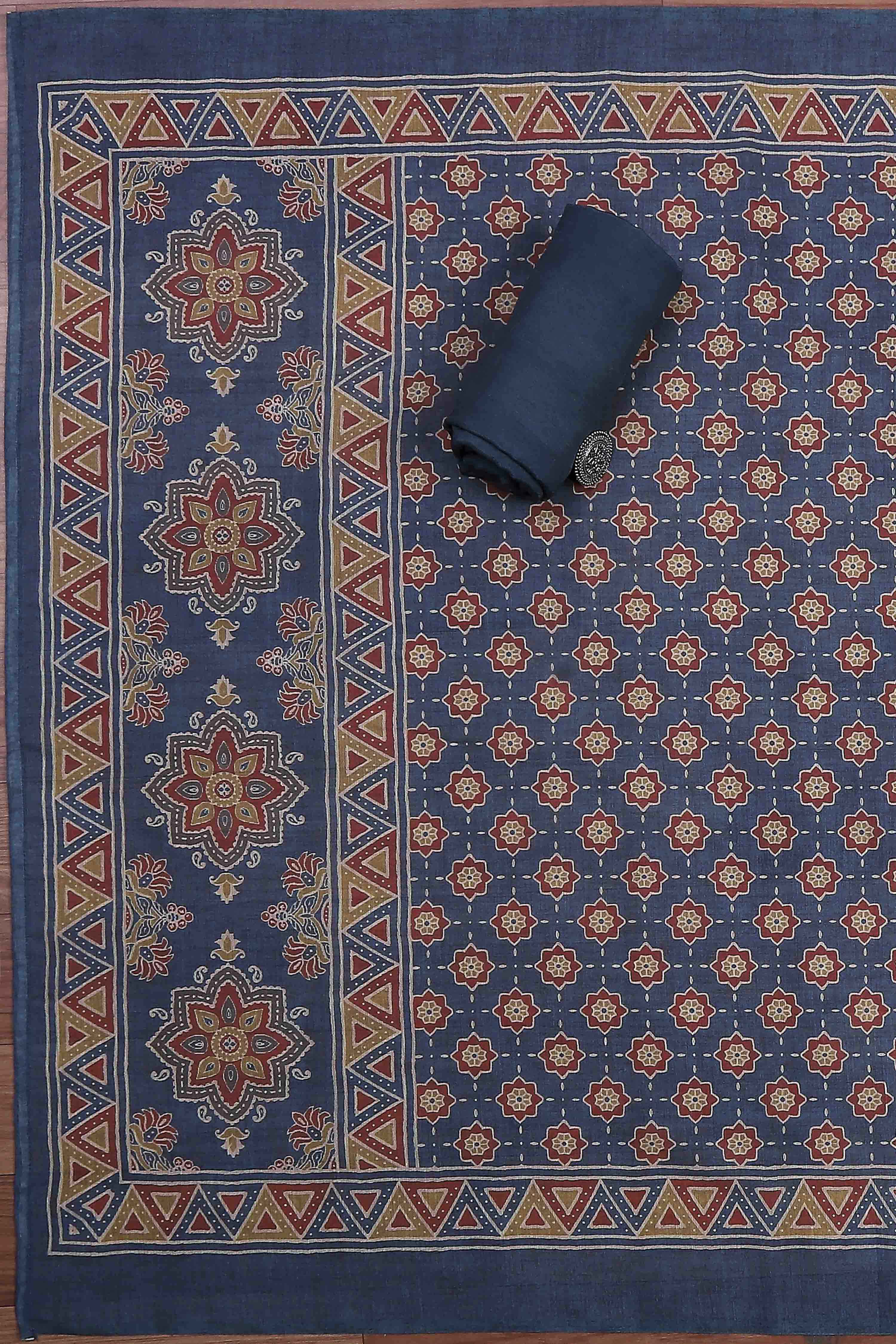 Grey Chanderi Rajasthani Print Unstitched Suit Set image number 3