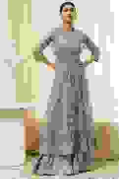 Turquoise Floral Butterfly Net Festive Anarkali Lehenga Set image number 1