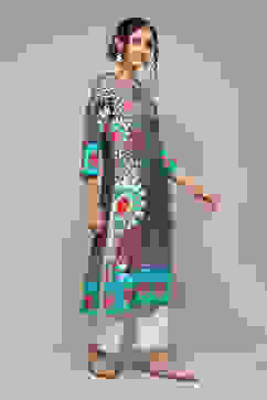 Chalky Teal LIVA Straight Printed Kurta image number 3