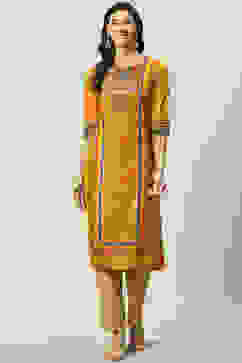 Mustard Cotton Straight Printed Kurta image number 5