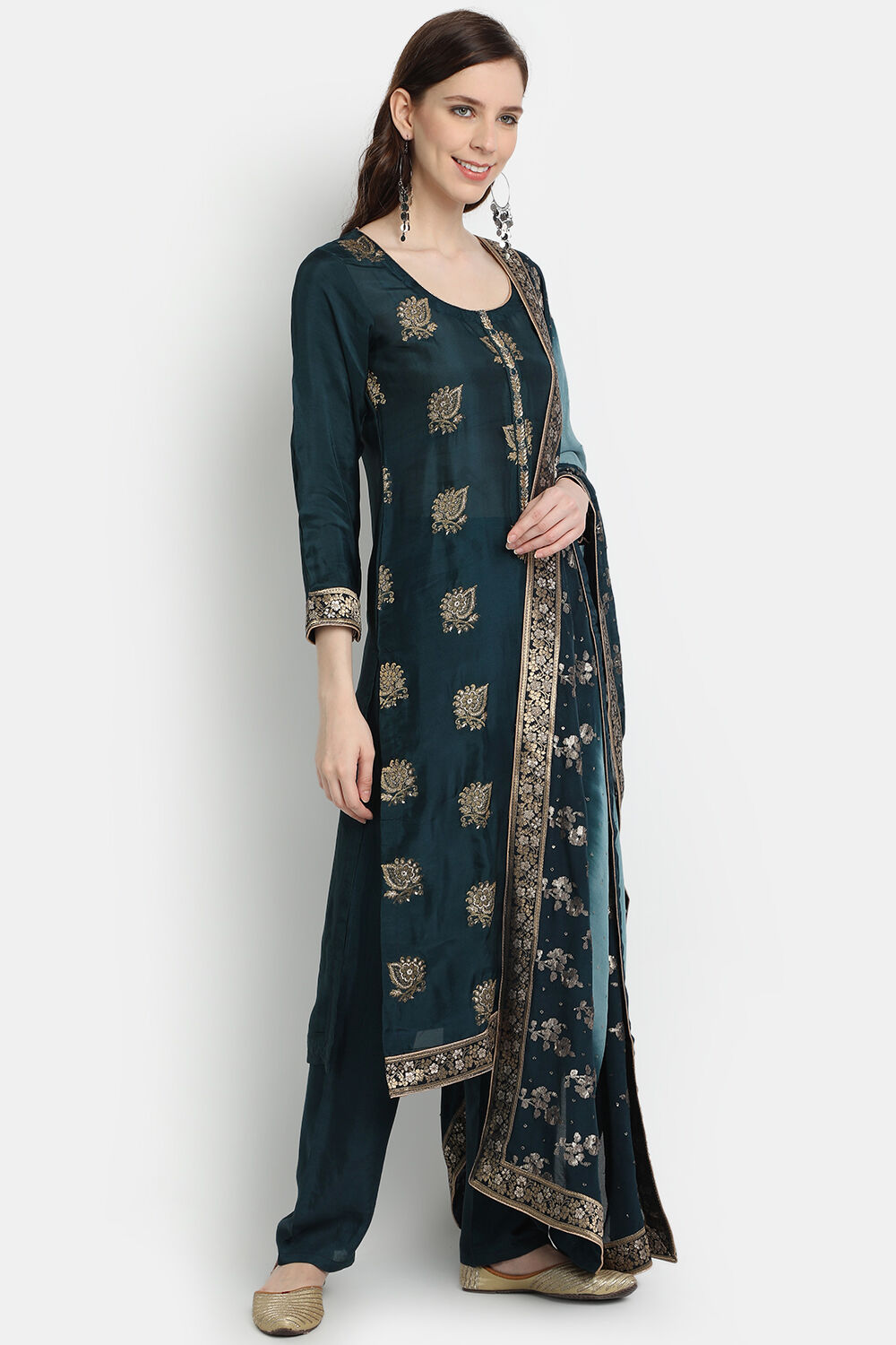 Green Chanderi Silk Unstitched Suit Set image number 3