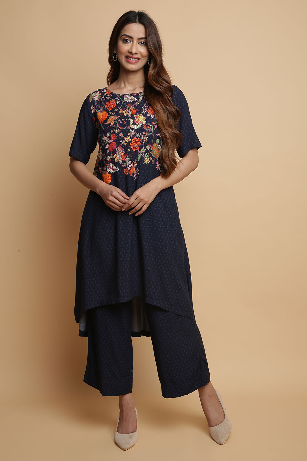 Navy Rayon Asymmetric Kurta Palazzo Suit Set image number 0