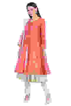 Coral Pink Front Open Cotton Kurta Churidar Suit Set image number 3