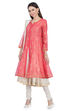 Coral Pink Front Open Cotton Kurta Churidar Suit Set image number 3