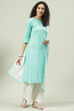Aqua Blue and White Cotton Straight Suit Set image number 6