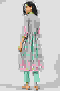 Green & Turquoise Printed Cotton Gathered Suit Set image number 4