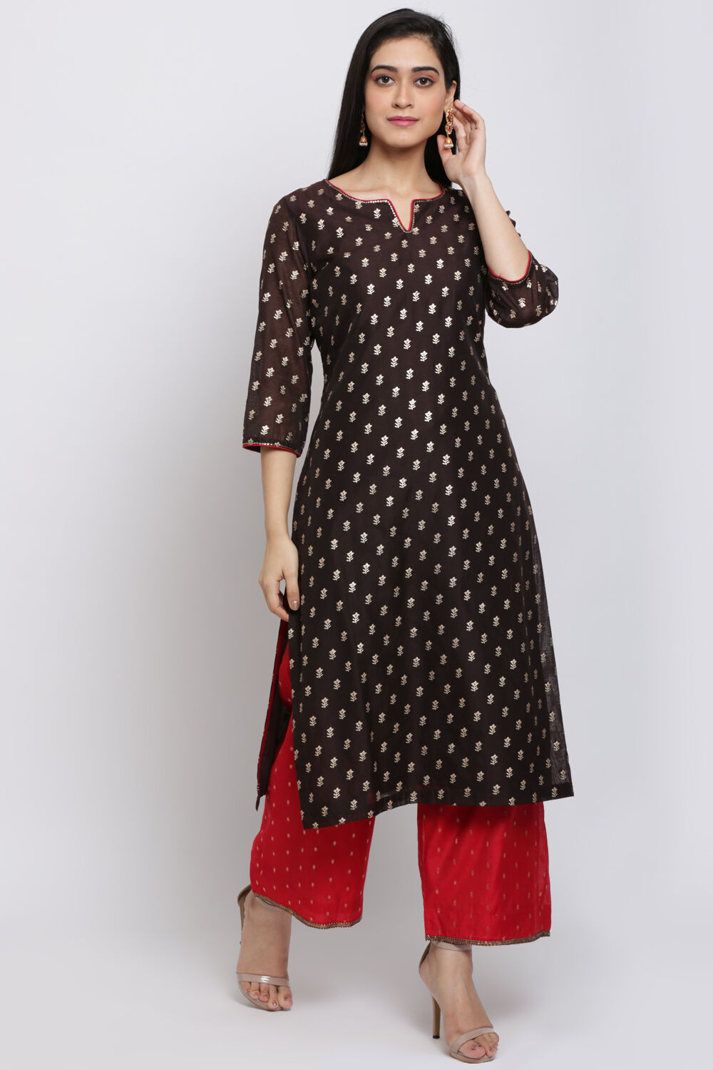 Brown And Red Art Silk Straight Kurta Palazzo Suit Set image number 2