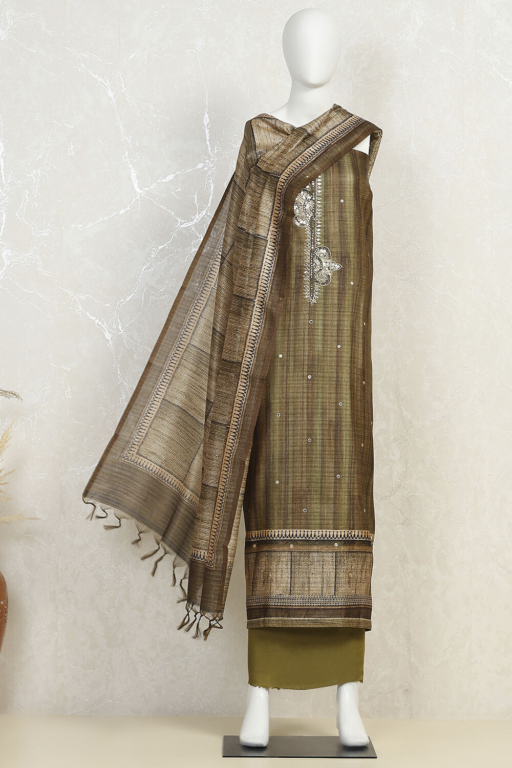 Wine Silk Blend Printed Unstitched Suit Set image number 4