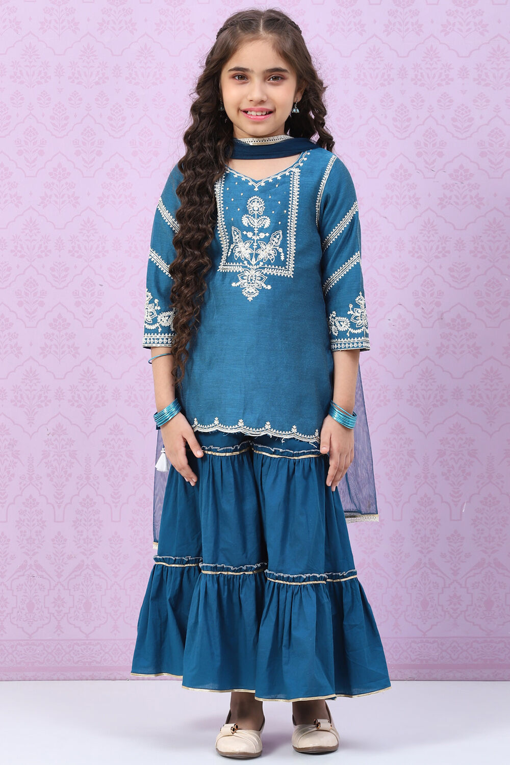 Blue Art Silk Straight Kurta Sharara Suit Set image number 0