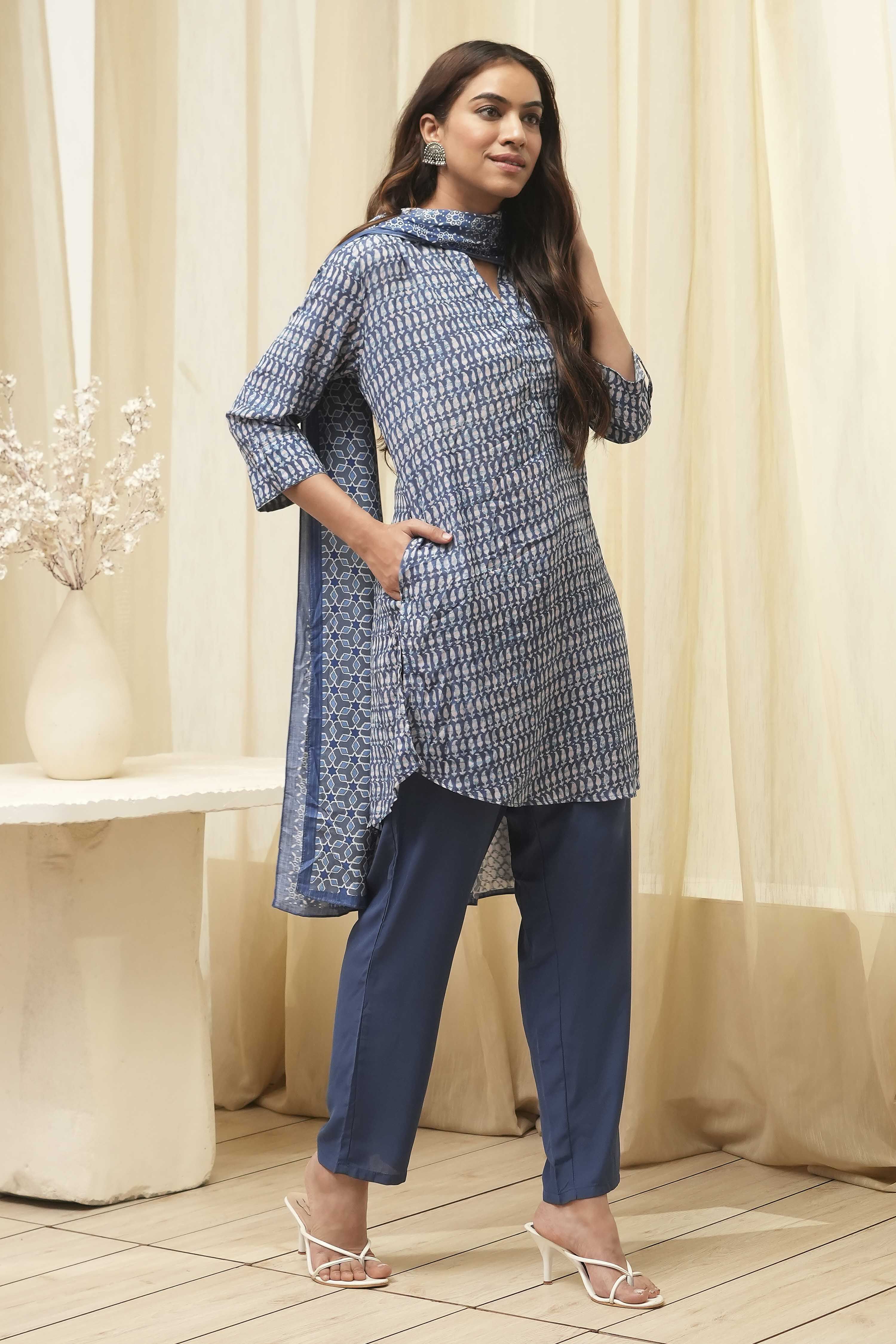 Blue Art Silk Straight Kurta Pant Suit Set image number 5