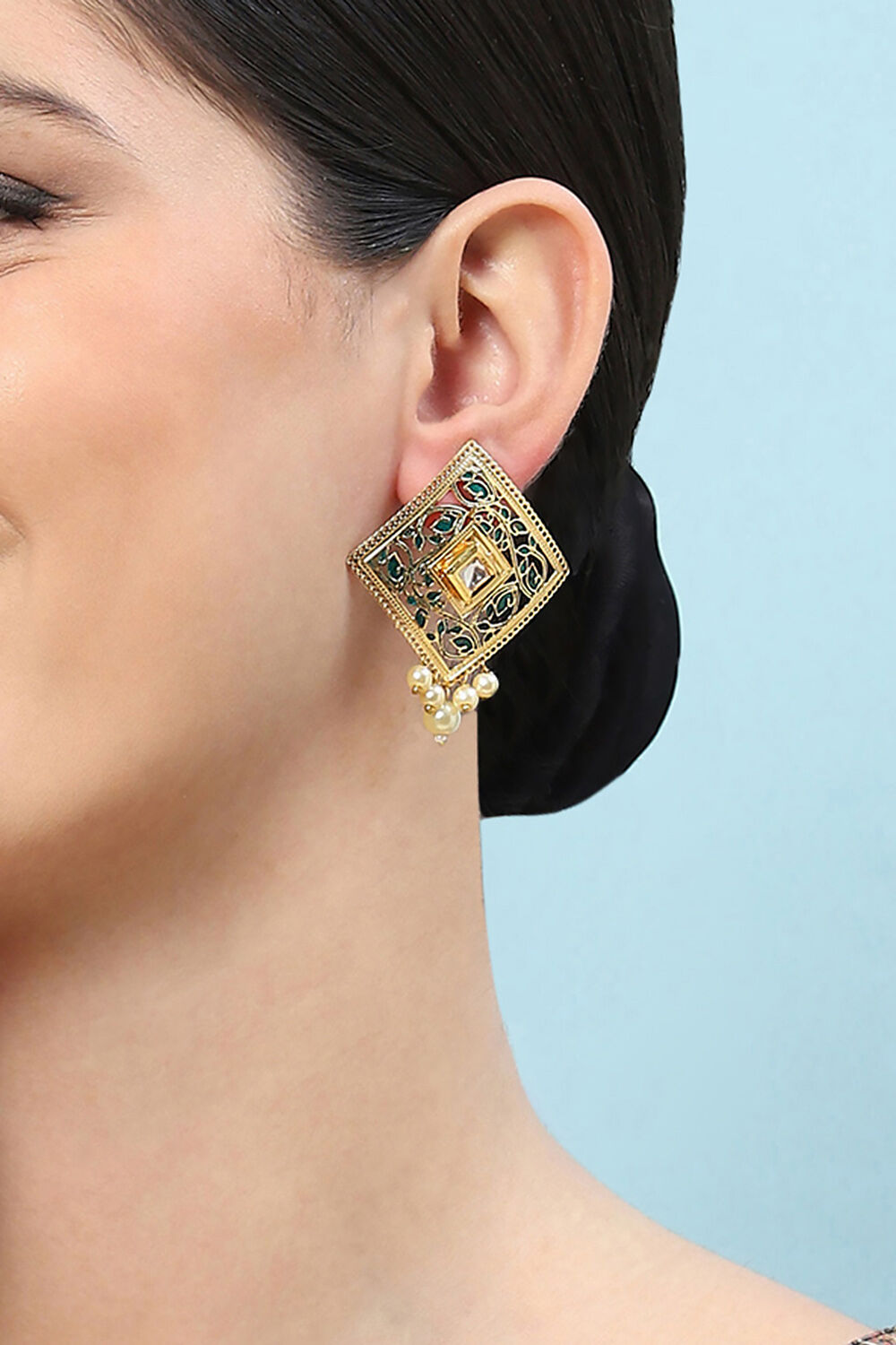 Gold Green Brass Earrings image number 1