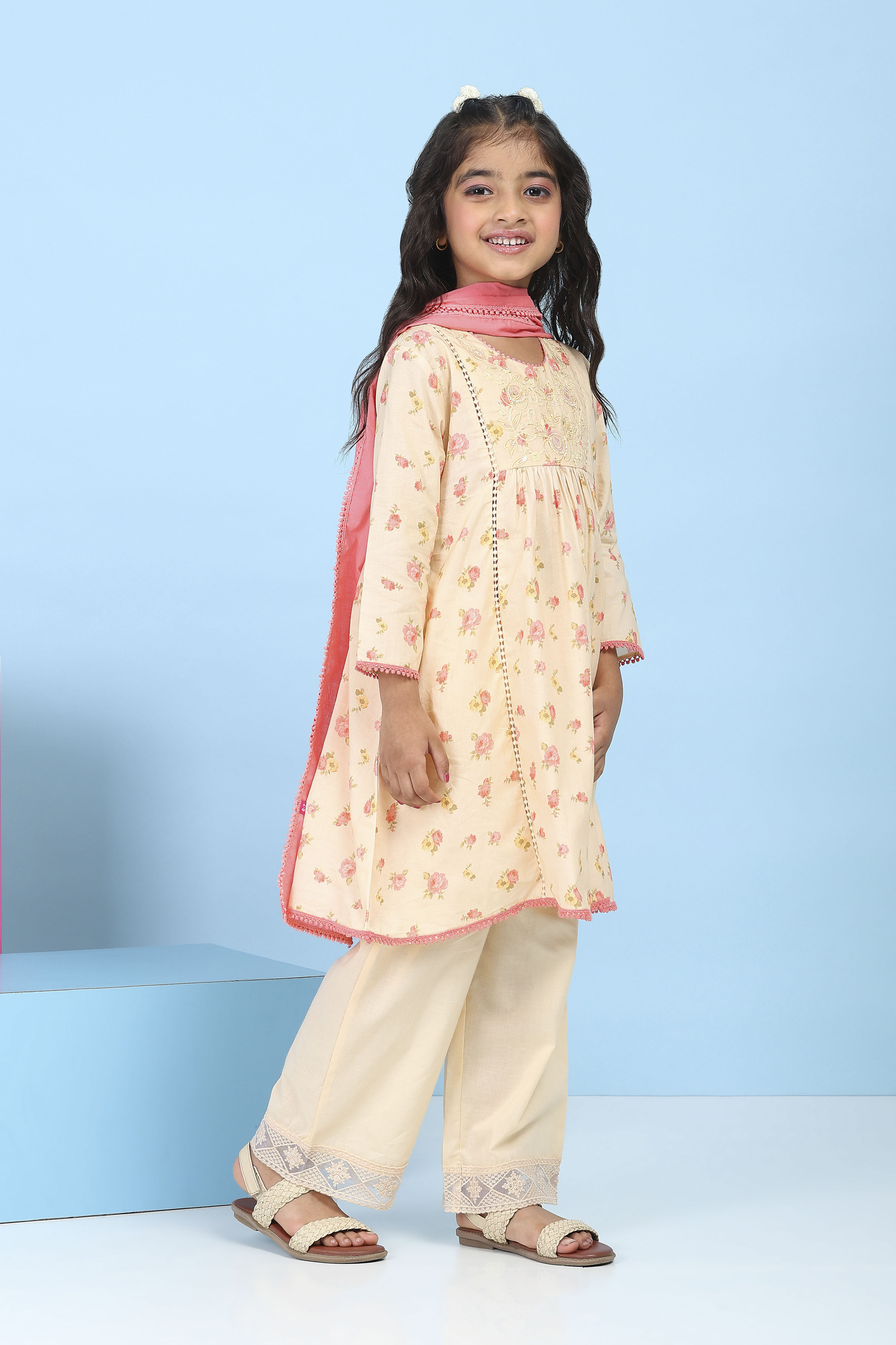 Peach Cotton Floral Printed A-Line Suit Set image number 5