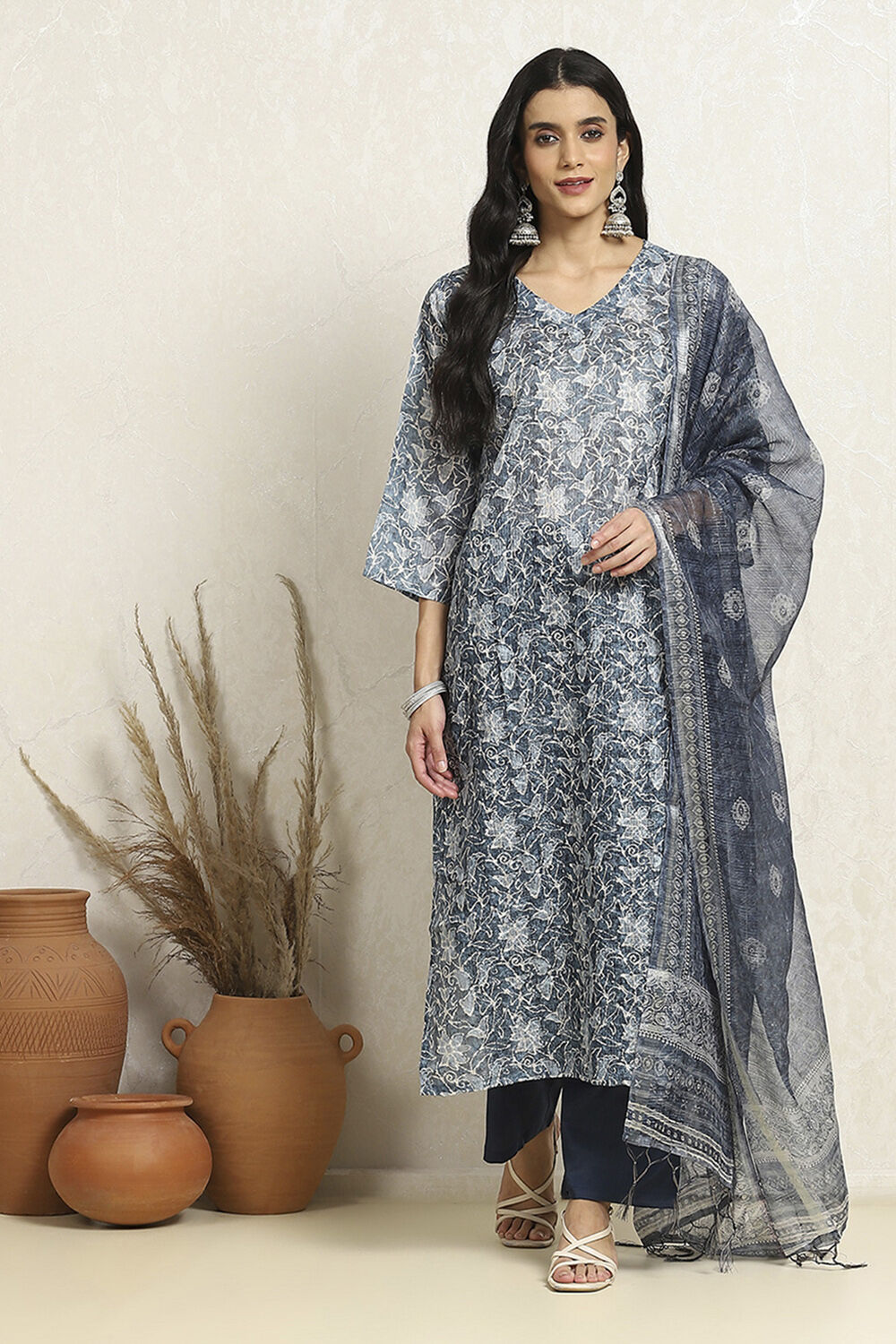 Blue Cotton Kota Floral Printed Unstitched Suit Set image number 1